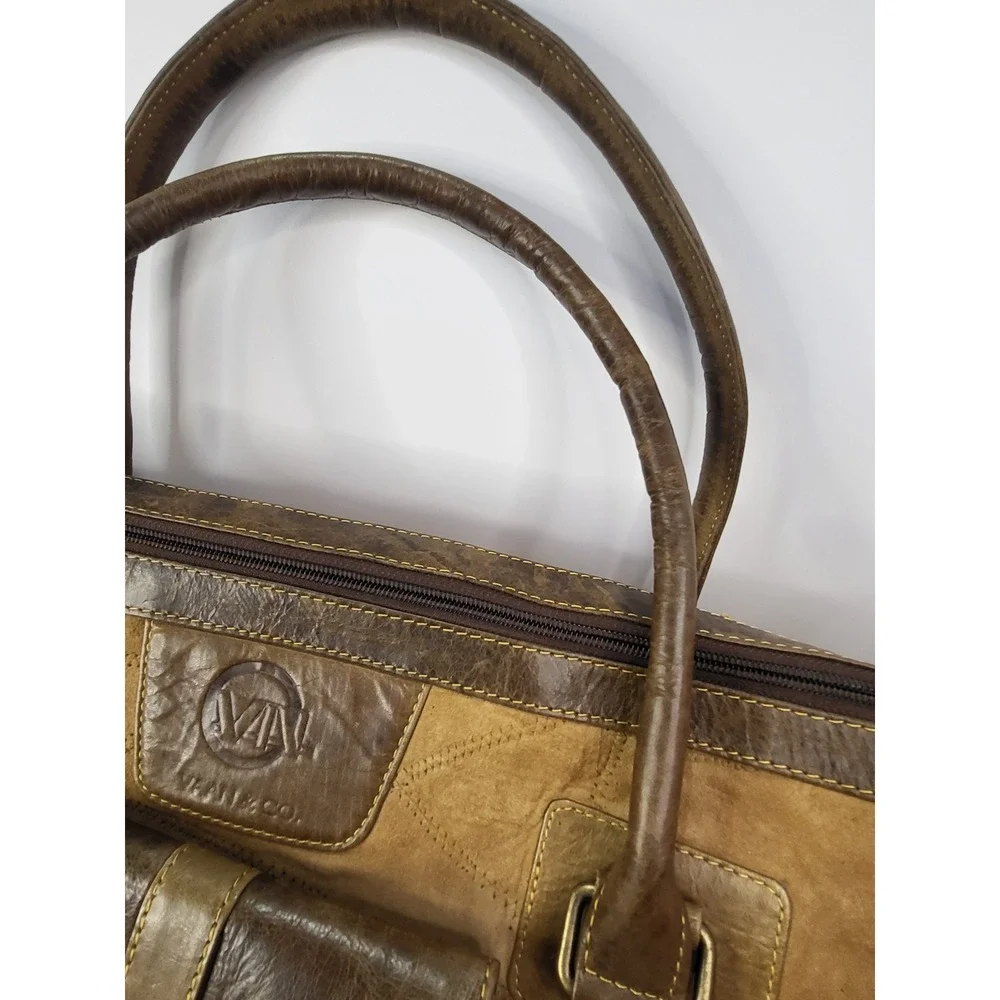 Vaan & Co Upcycled Leather Suede Duffle Bag Brown Chevron Weekender Travel Bag